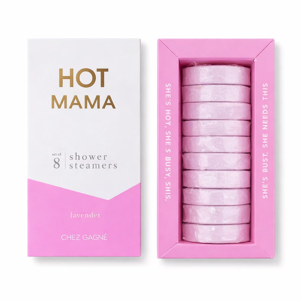 Pink and white packaging of 'Hot Mama' shower steamers with visible text.