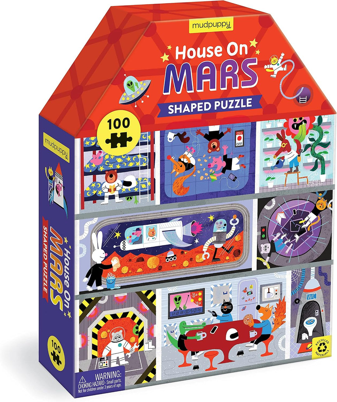 Mudpuppy 'House on Mars' shaped puzzle packaging with colorful illustrations