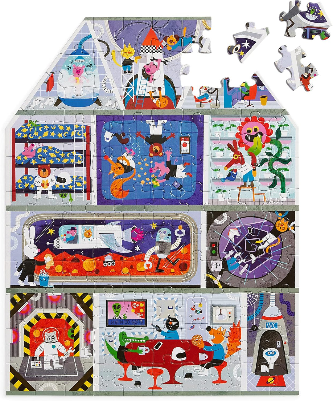 A children's jigsaw puzzle set arranged in a house-shaped layout, featuring colorful cartoon space and science-themed scenes with astronauts, rockets, planets, and futuristic rooms. Several loose puzzle pieces are shown above the assembled sections on a plain white background.