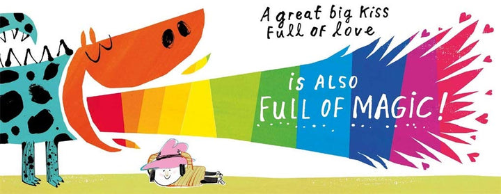 Cartoon illustration of a colorful kiss between two animals with text about love and magic.