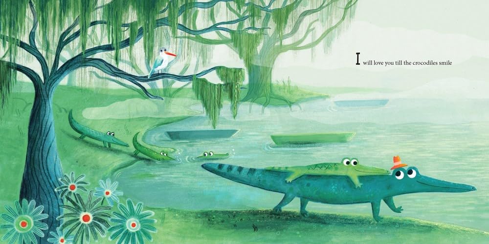 Illustration of alligators near a pond with trees and flowers.