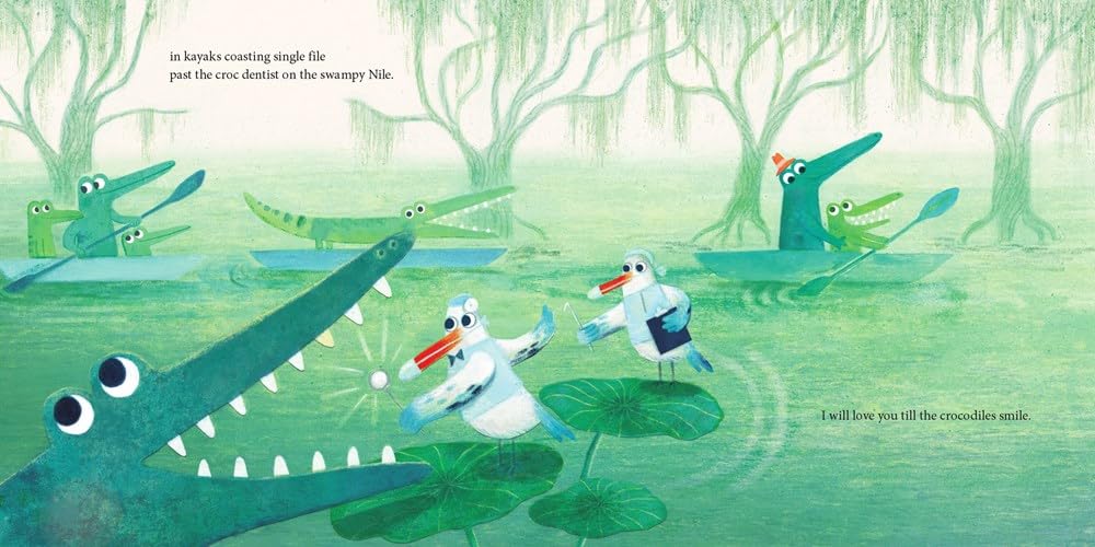 A whimsical illustrated scene showing crocodiles and ducks in a swampy green landscape, with text embedded in the artwork. This appears to be the artwork itself rather than a product photographed in a real environment, so the best fit is Scenery.