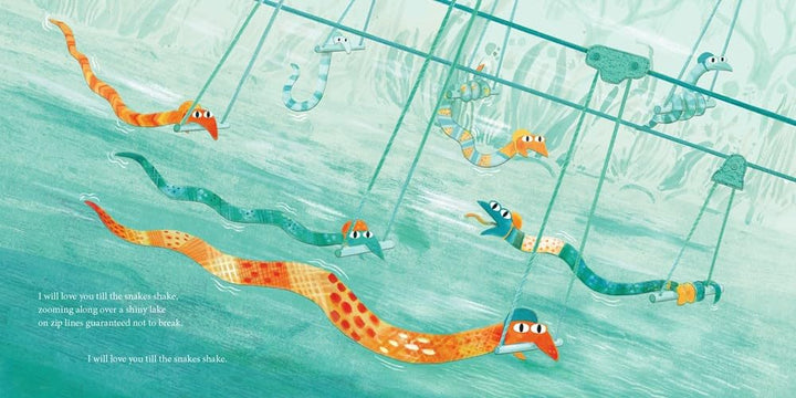 A whimsical illustrated scene showing several snake-like characters hanging from ropes in a teal water-filled setting, with small printed text along the lower left side.
