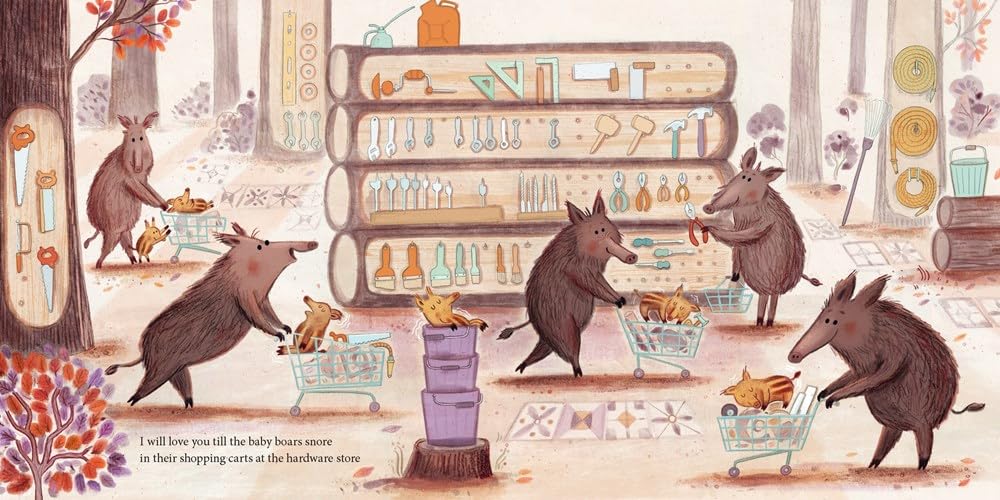 Illustration of animals shopping in a hardware store with shelves and tools.
