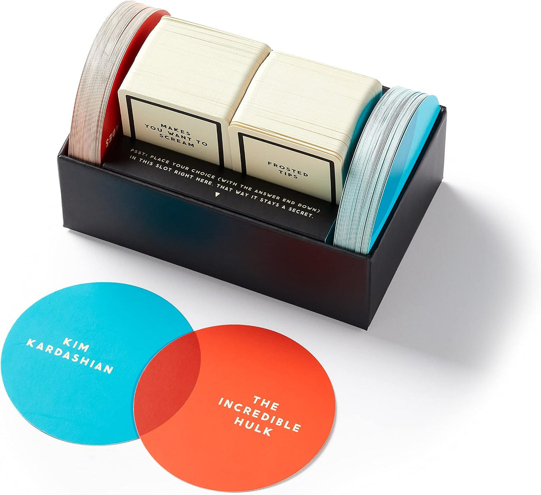 Set of coasters with text and a black holder on a white background