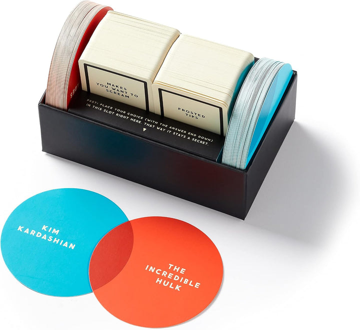 Set of coasters with text and a black holder on a white background