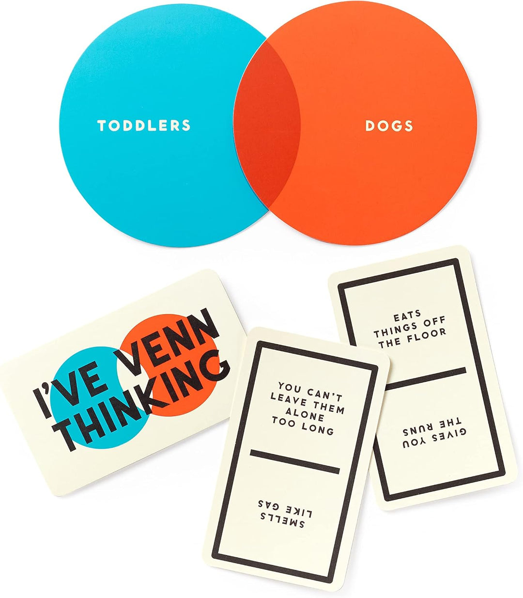 Colorful Venn diagram cards comparing toddlers and dogs with humorous text on a white background.