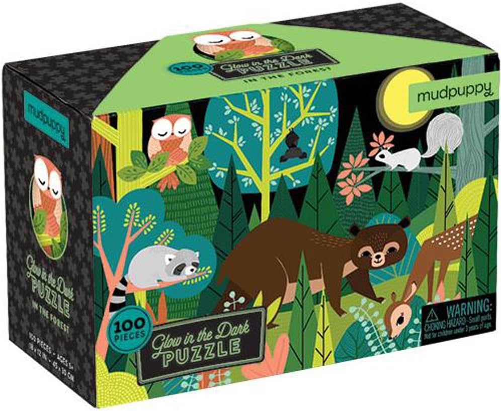 Mudpuppy forest-themed puzzle box with illustrations of animals and 'Glow in the Dark' text.