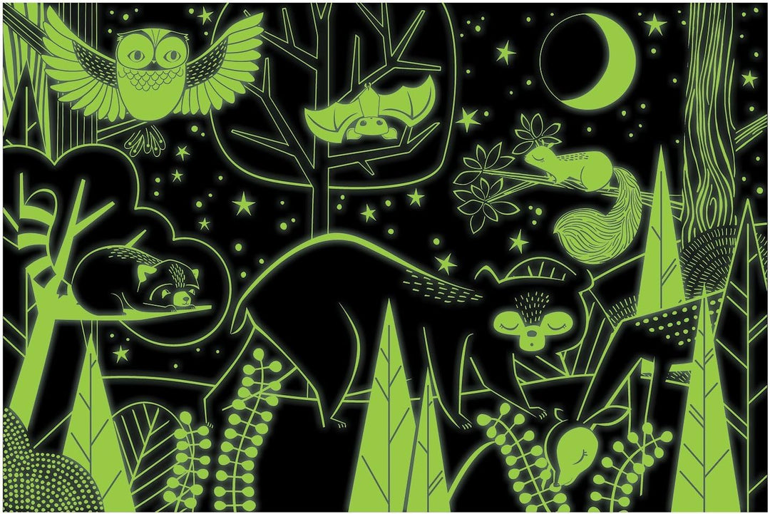 A stylized night forest illustration with glowing green animal and plant outlines on a black background, including an owl, bat, squirrel, deer, raccoon, moon, and stars.
