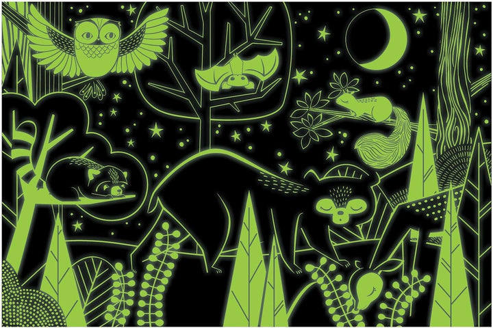 A stylized night forest illustration with glowing green animal and plant outlines on a black background, including an owl, bat, squirrel, deer, raccoon, moon, and stars.