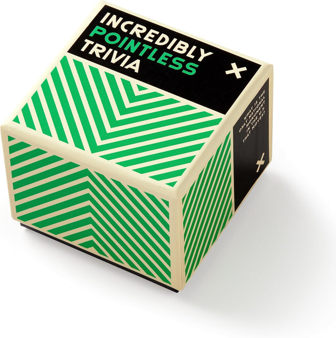 Hexagonal trivia game box with green and white pattern on a white background