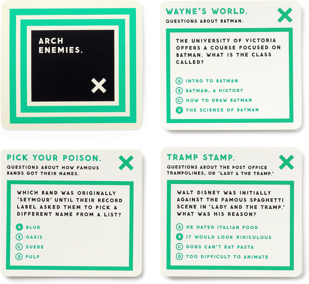 Four card questions from a game show-style trivia set with green borders.