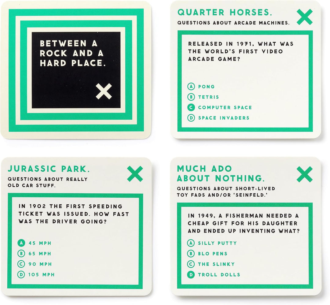 Four trivia cards with questions and answers on a white background