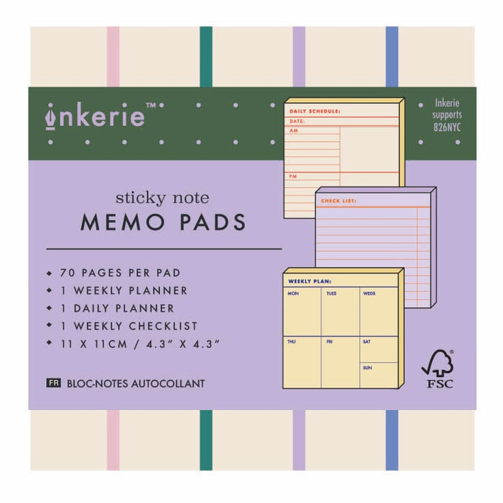 Inkerie sticky note memo pads packaging with planner designs and product details.