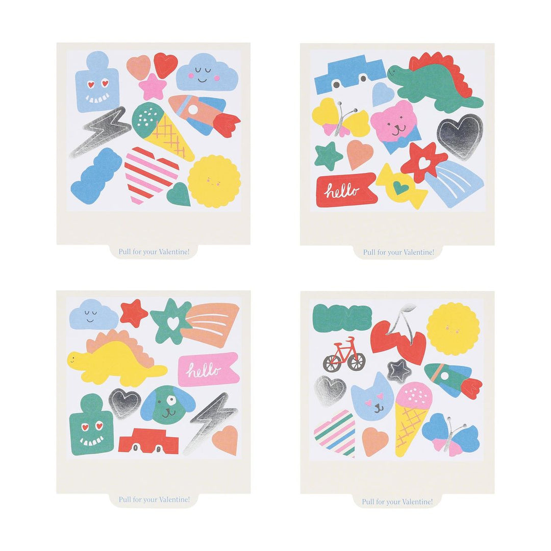Four cards with colorful stickers on a white background