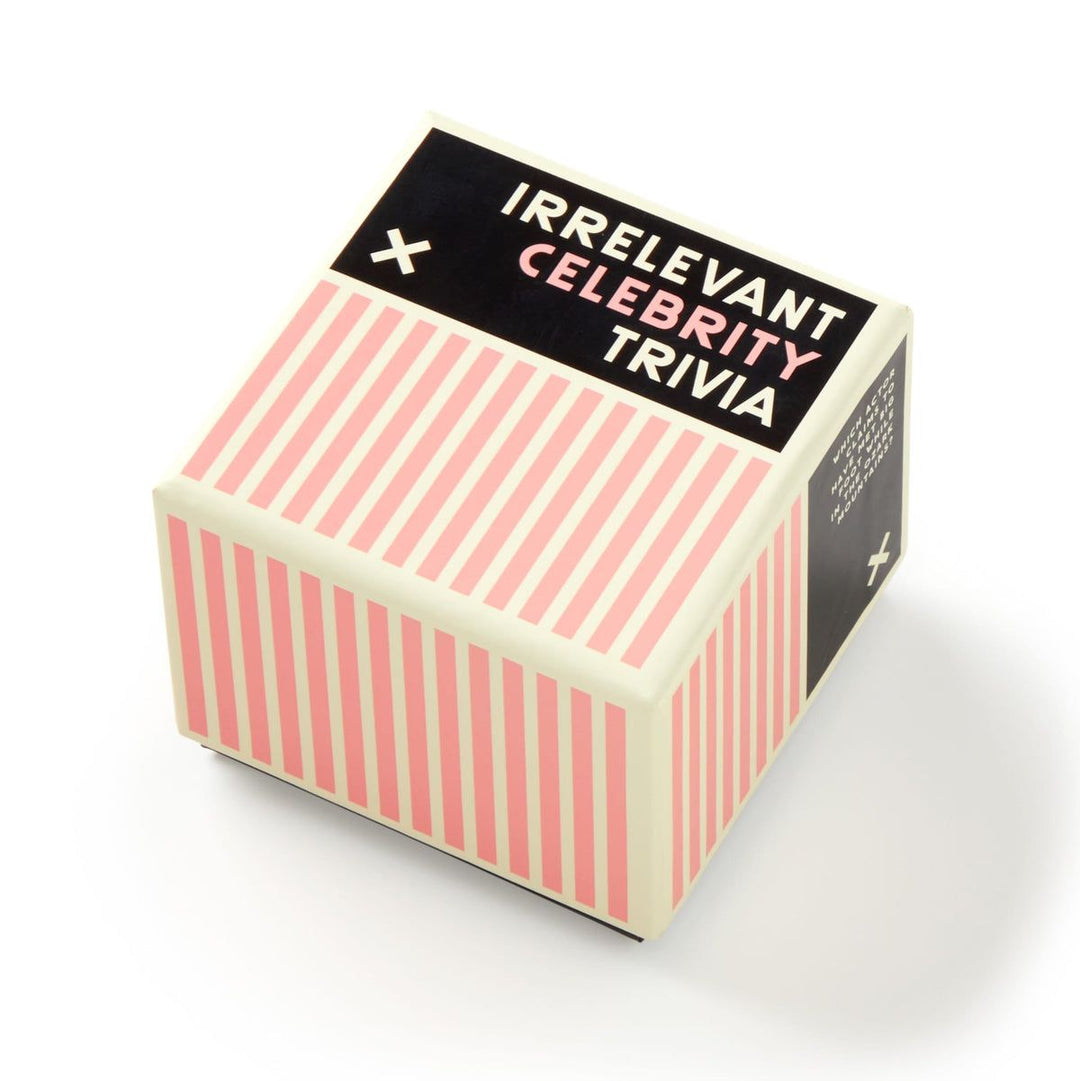 Small cube-shaped box with pink and white striped design and black lid displaying 'Irrelevant Celebrity Trivia' text.