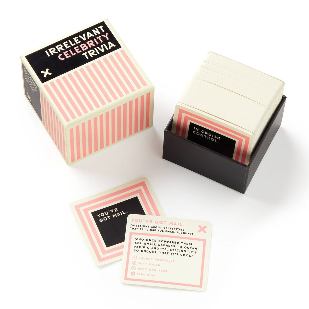 Box of 'Irrelevant Celebrity Trivia' cards with a few cards displayed on a white background.