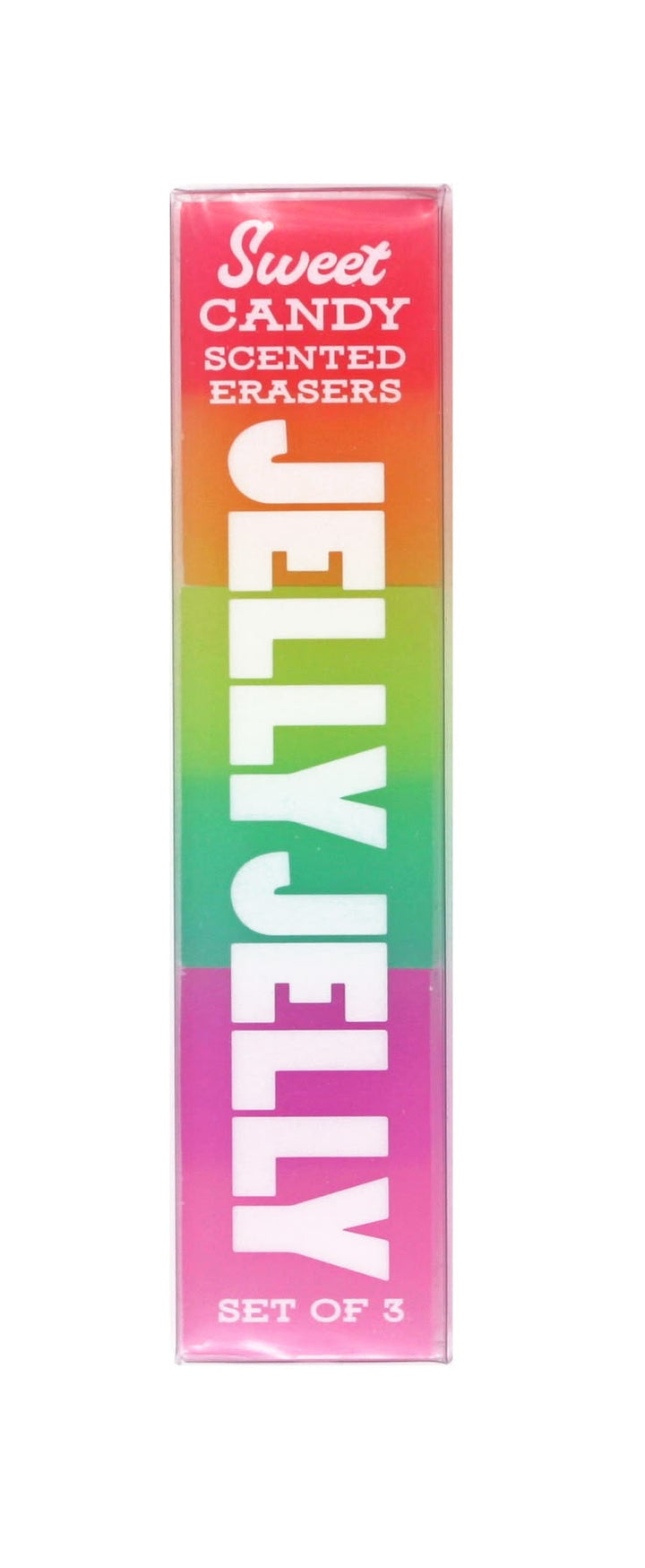 Jelly Jelly scented erasers packaging with a rainbow gradient on a white background