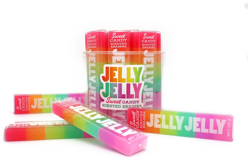 Jelly Jelly scented erasers with colorful packaging on a white background