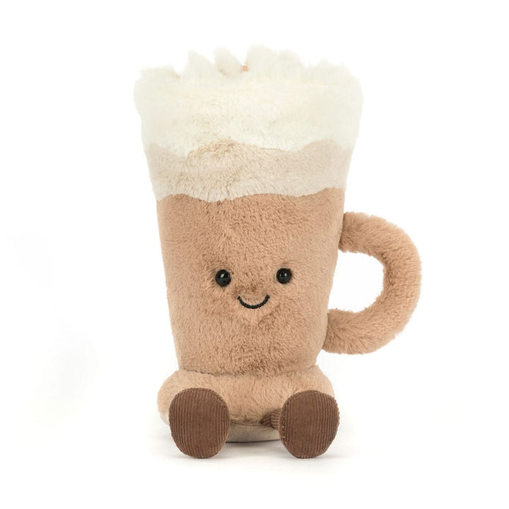 Plush toy resembling a beer mug with a smiling face on a white background