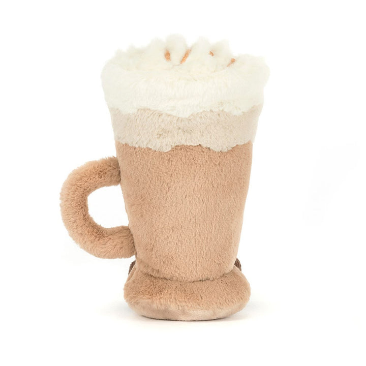 Plush toy resembling a steaming mug with white top and beige bottom on a white background