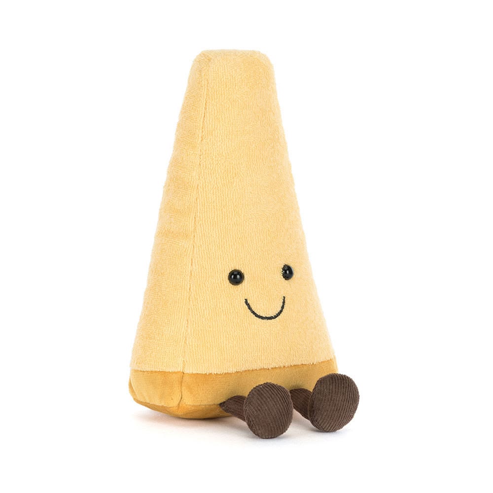 Plush toy shaped like a yellow corn with a smiling face on a white background