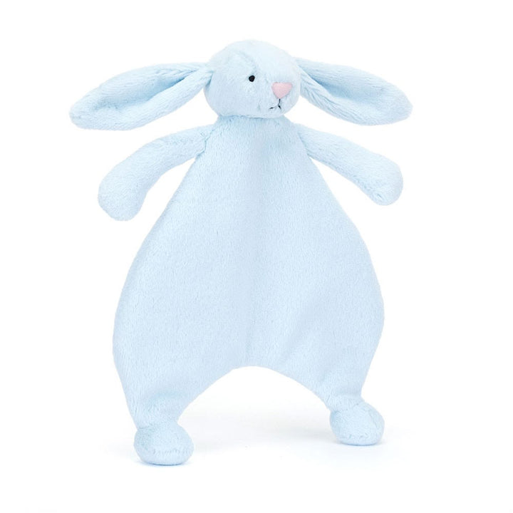Blue plush bunny toy on a white background