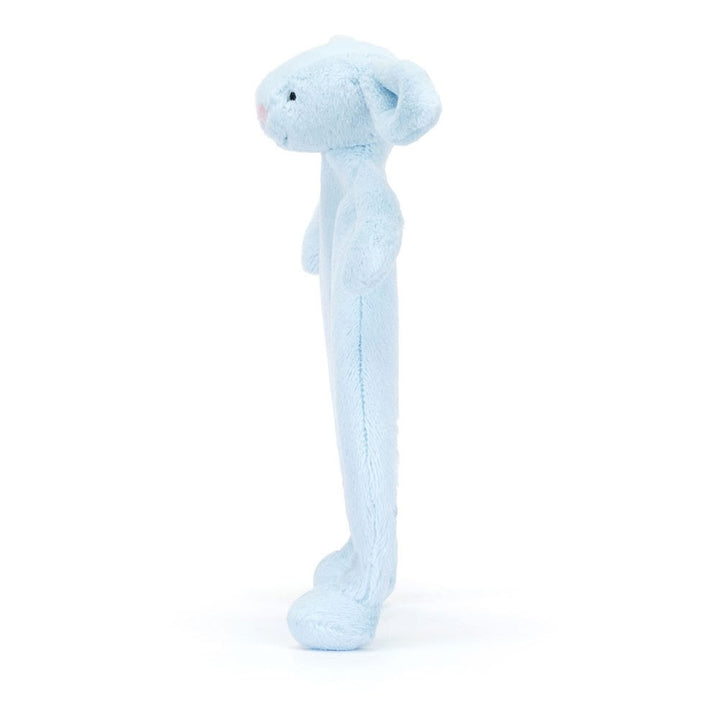 Blue plush toy with a long neck on a white background