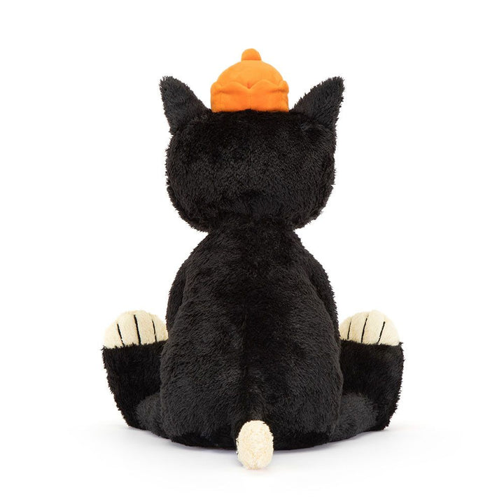 Black plush cat toy with an orange hat on a white background