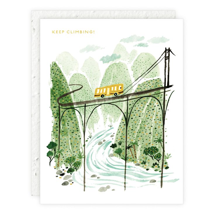 A greeting card with an illustration of a train climbing a mountain on a track that goes through a forest and over a river.