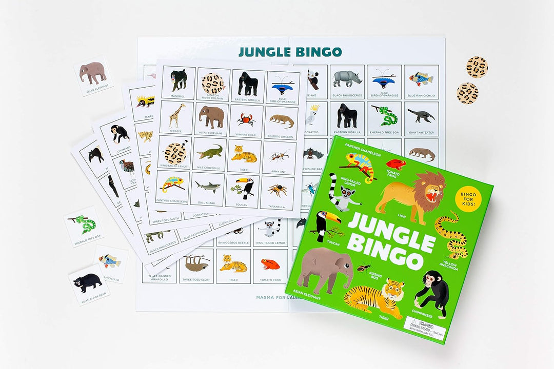 Jungle Bingo game set with a bright green box, animal-themed bingo cards, and loose animal stickers arranged on a clean white background.