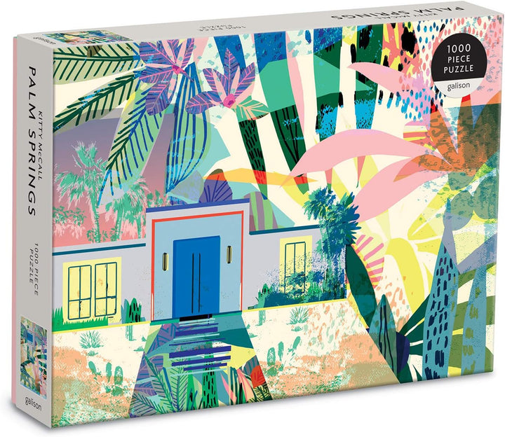 Puzzle box with colorful design of a house and palm trees