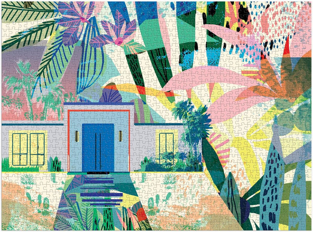 Colorful abstract design with a house and palm trees
