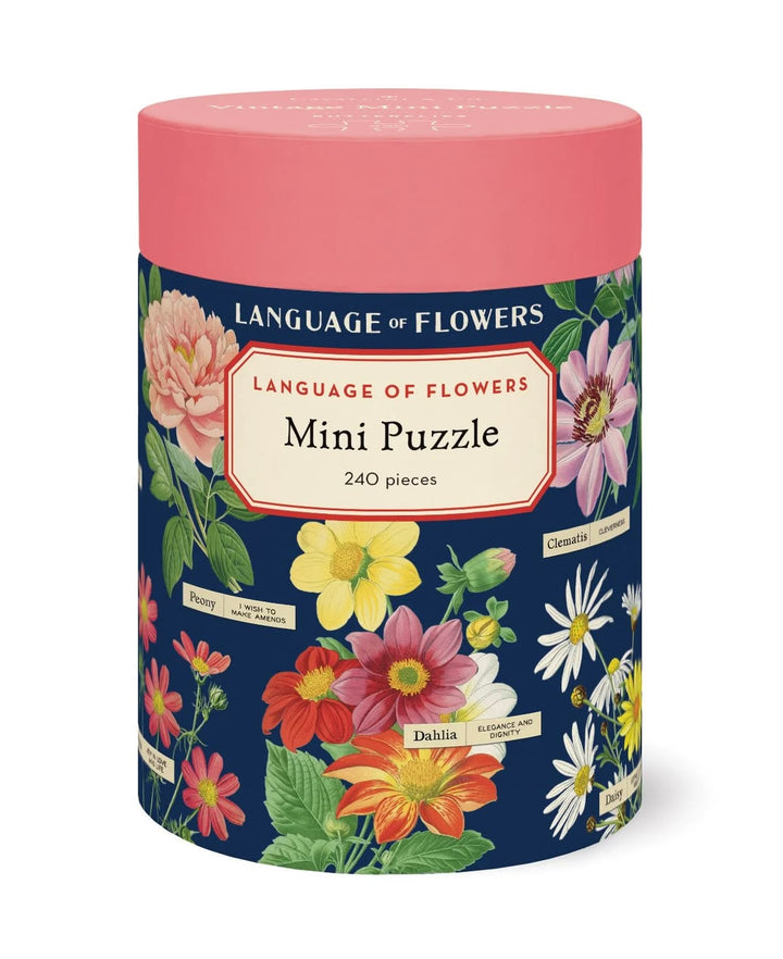 Floral-themed mini puzzle packaging with colorful flowers on a blue background