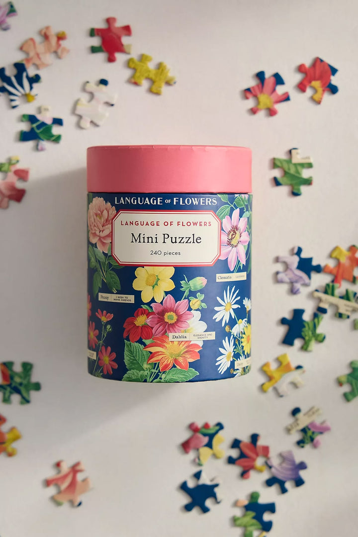 Mini puzzle in a colorful box with scattered puzzle pieces on a light background