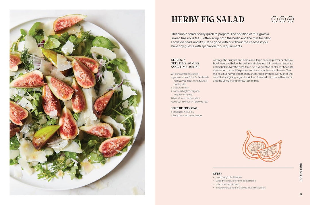A printed recipe card or cookbook spread showing a plated herby fig salad on the left and recipe text titled 'HERBY FIG SALAD' on the right, with a pale peach background and line drawing of a fig on the page.