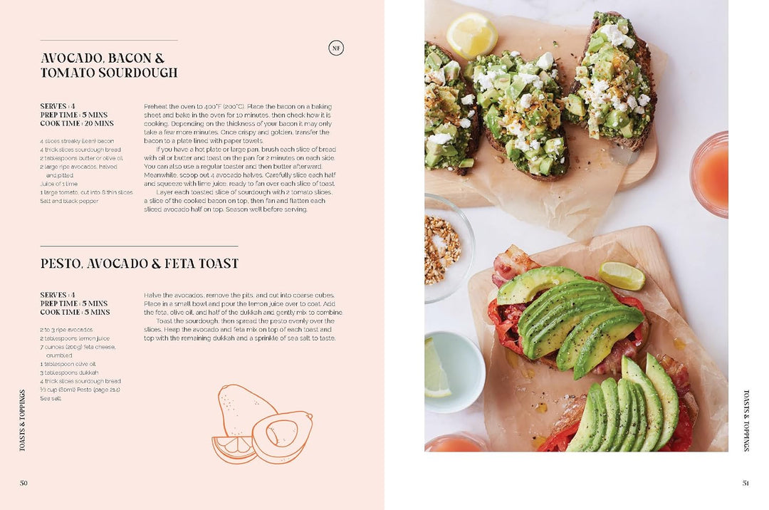 A two-page cookbook spread showing recipes and plated food photography. The left page has a pale blush background with recipe text for 'Avocado Bacon & Tomato Sourdough' and 'Pesto, Avocado & Feta Toast.