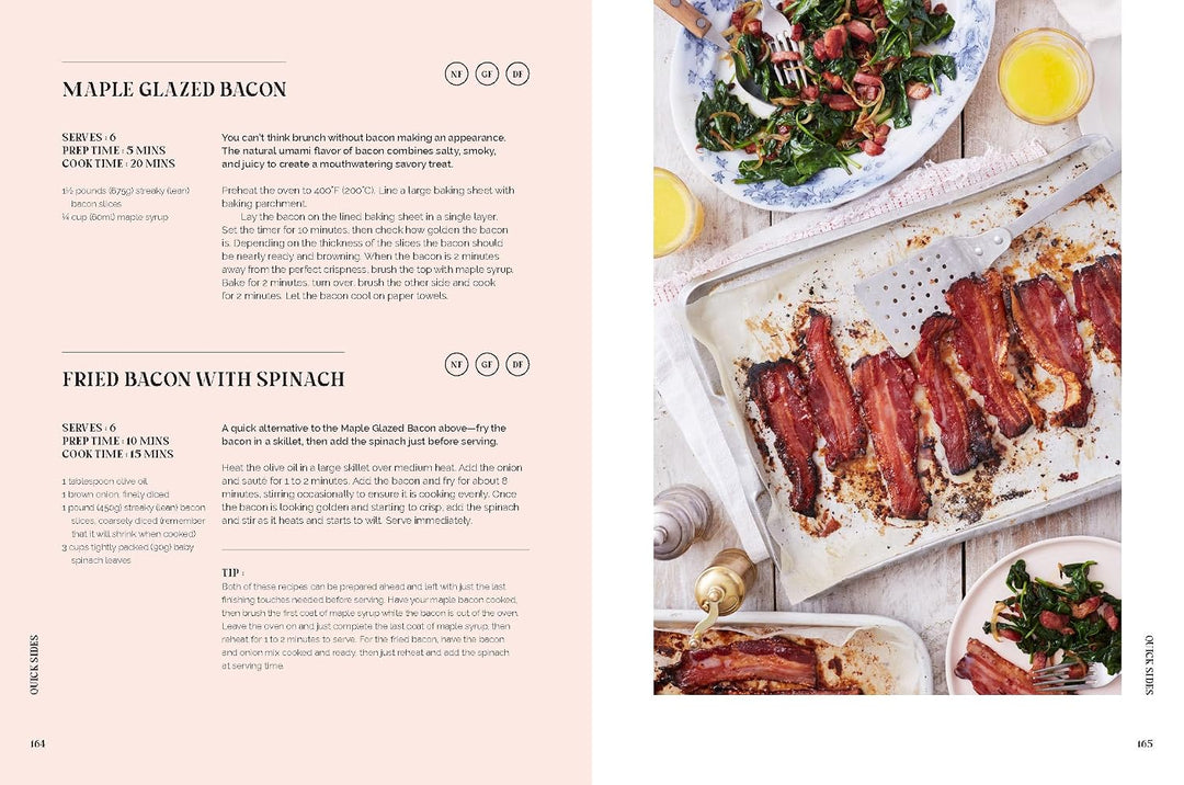 An open cookbook spread showing recipe pages on the left with text for Maple Glazed Bacon and Fried Bacon with Spinach, and a large food photography panel on the right showing prepared bacon dishes and garnishes.
