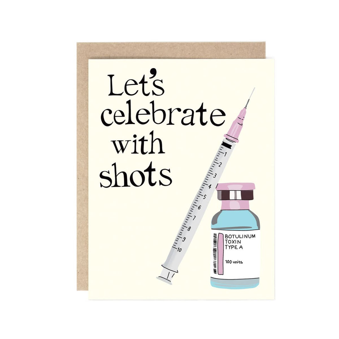 Card with text 'Let's celebrate with shots' and a syringe and vial illustration on a white background.