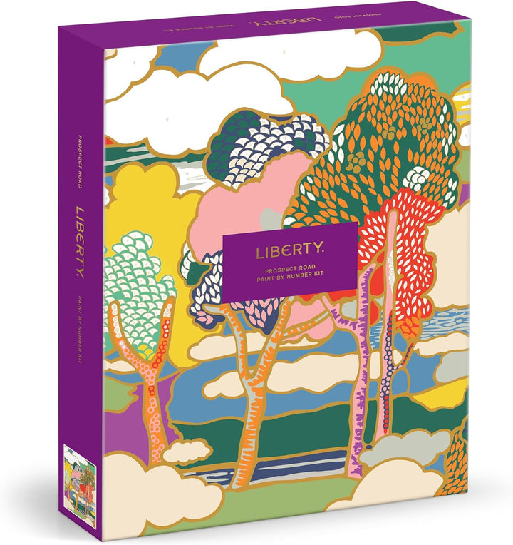 Colorful box with 'Liberty' branding featuring abstract designs and a purple border.