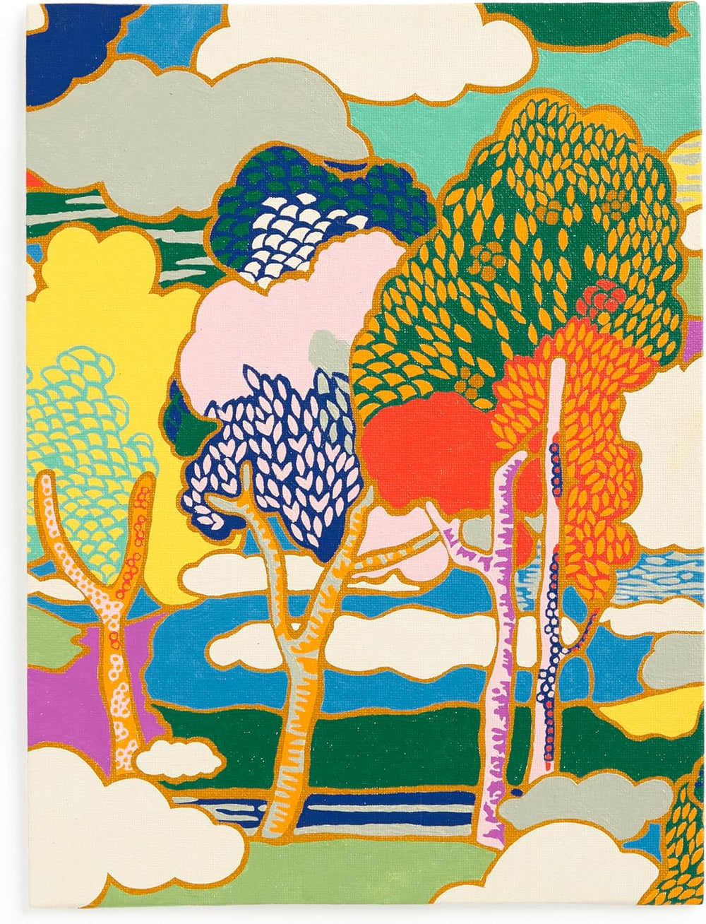 A colorful abstract landscape art print featuring stylized trees, clouds, and hills in bright green, yellow, orange, pink, blue, and cream tones.