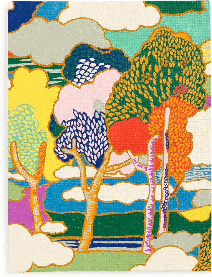 A colorful abstract landscape art print featuring stylized trees, clouds, and hills in bright green, yellow, orange, pink, blue, and cream tones.