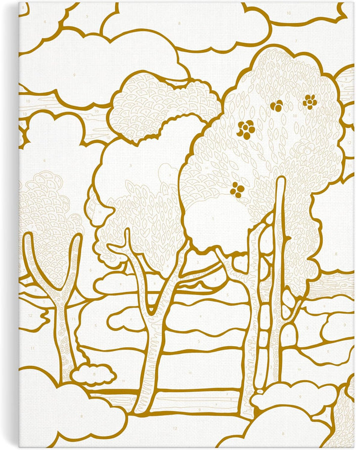 A square art print or card featuring a minimalist line drawing of trees and clouds in warm mustard-gold on an off-white background.