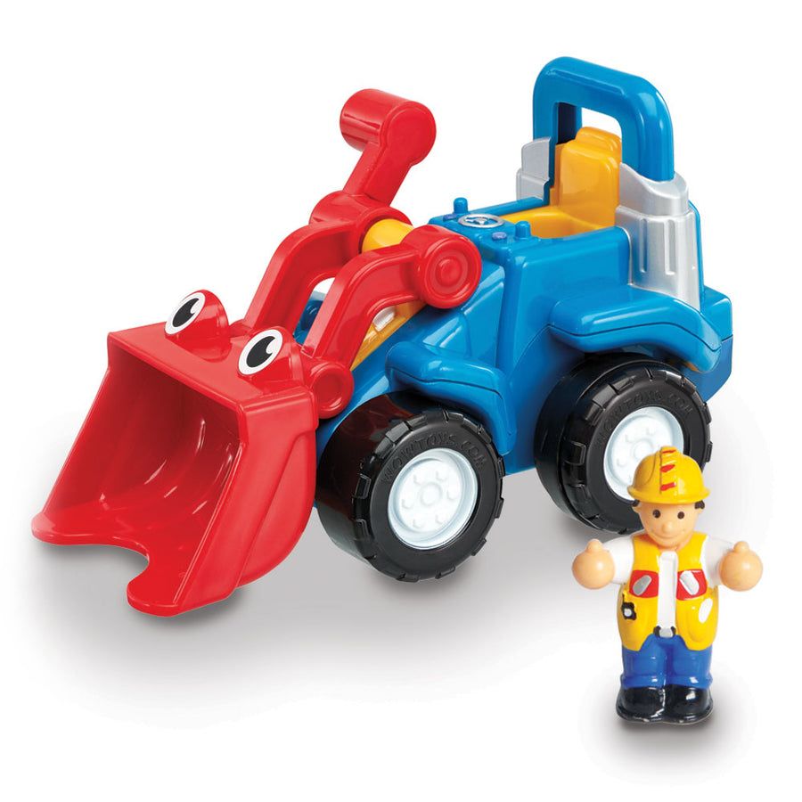 Toy bulldozer with red scoop and blue body, accompanied by a construction worker figure on a white background.