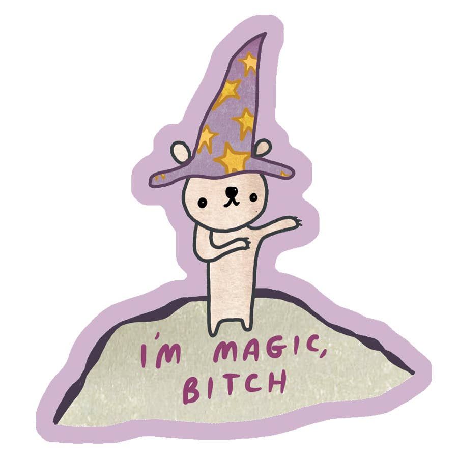 Cartoon character in a wizard hat with 'I'm Magic, Bitch' text on a white background