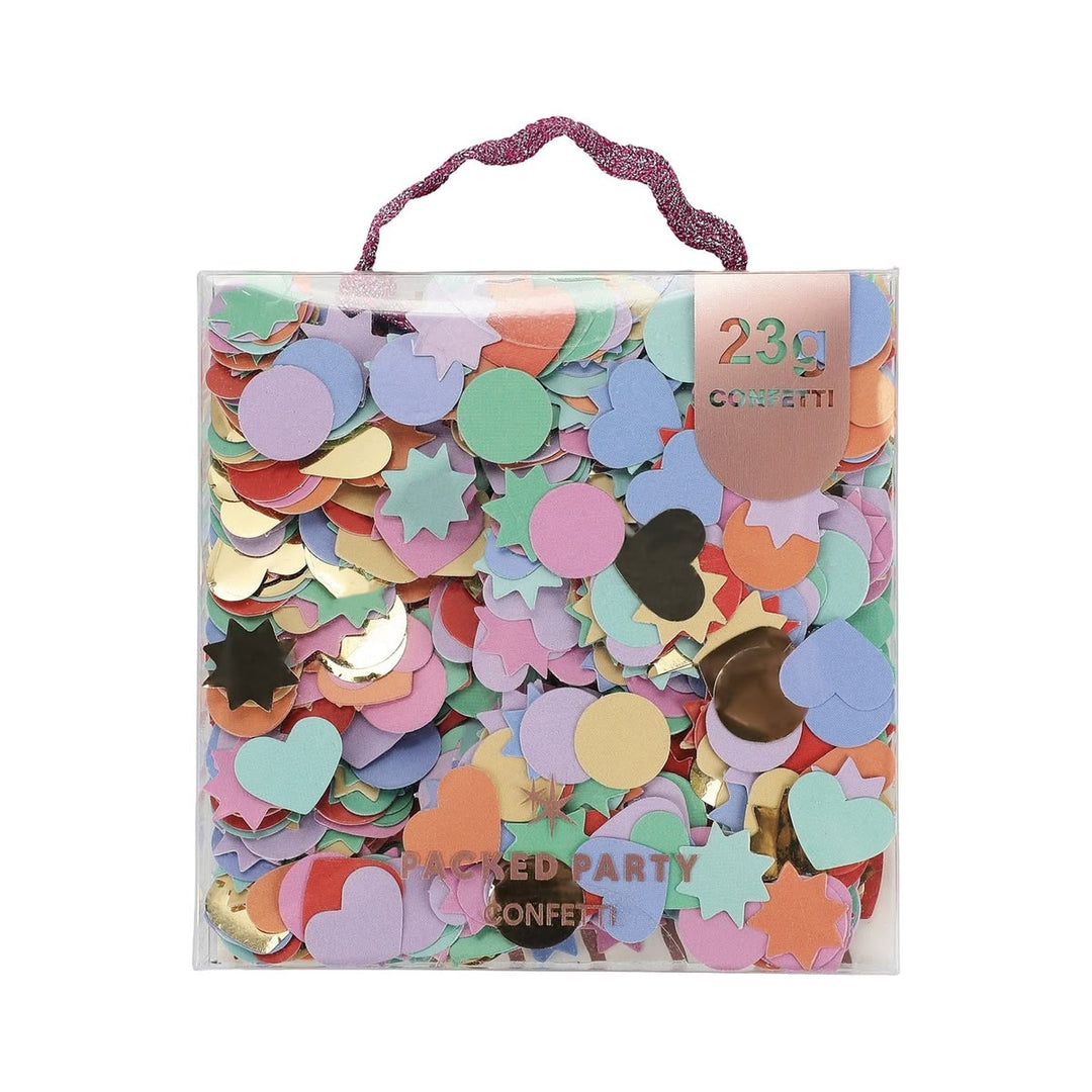 Colorful confetti pack with a handle on a white background