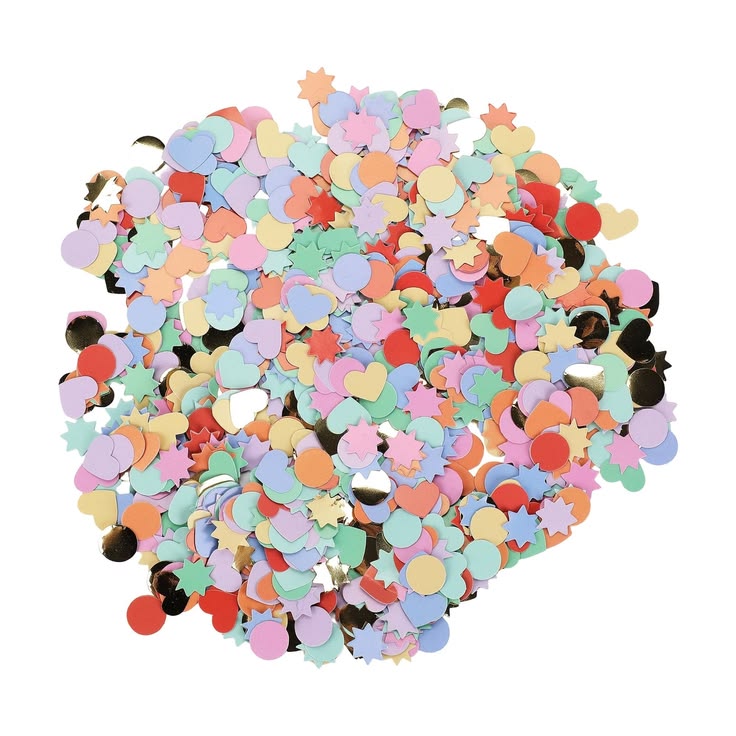 Pastel-colored confetti with various shapes on a white background