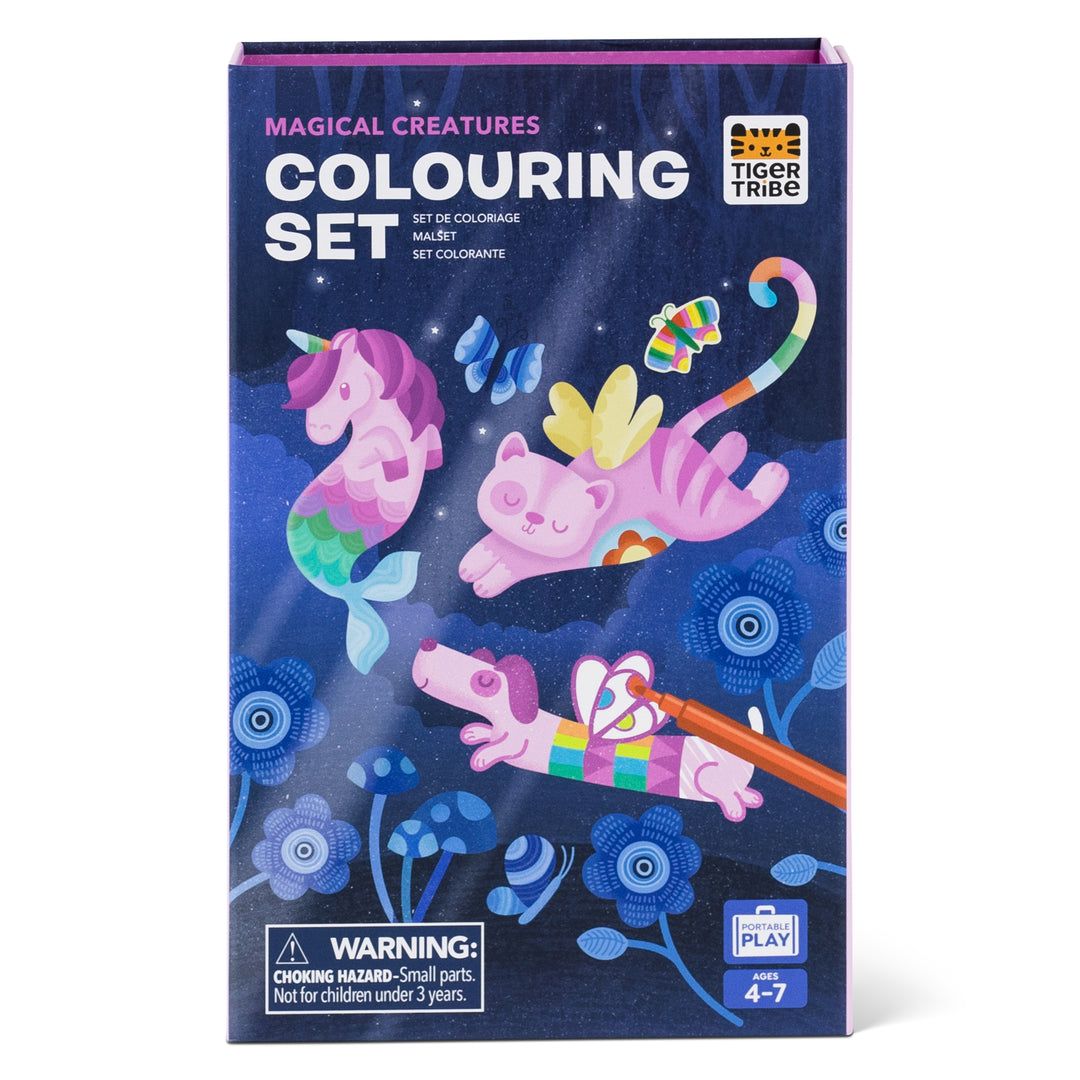 Colouring set packaging with magical creatures illustration on a blue background