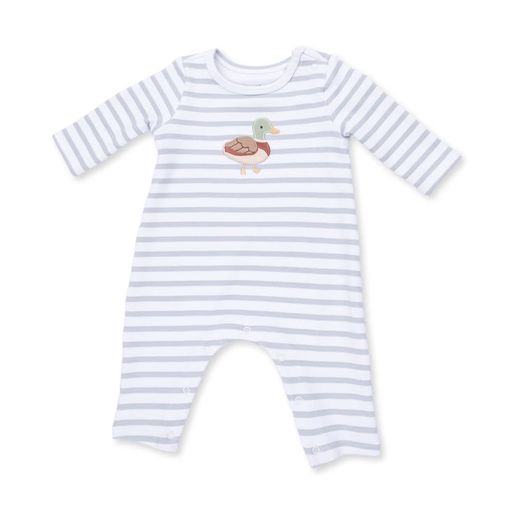 Striped baby onesie with a design on a white background