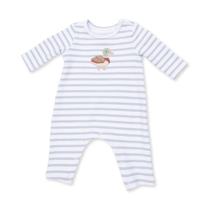 Striped baby onesie with a design on a white background